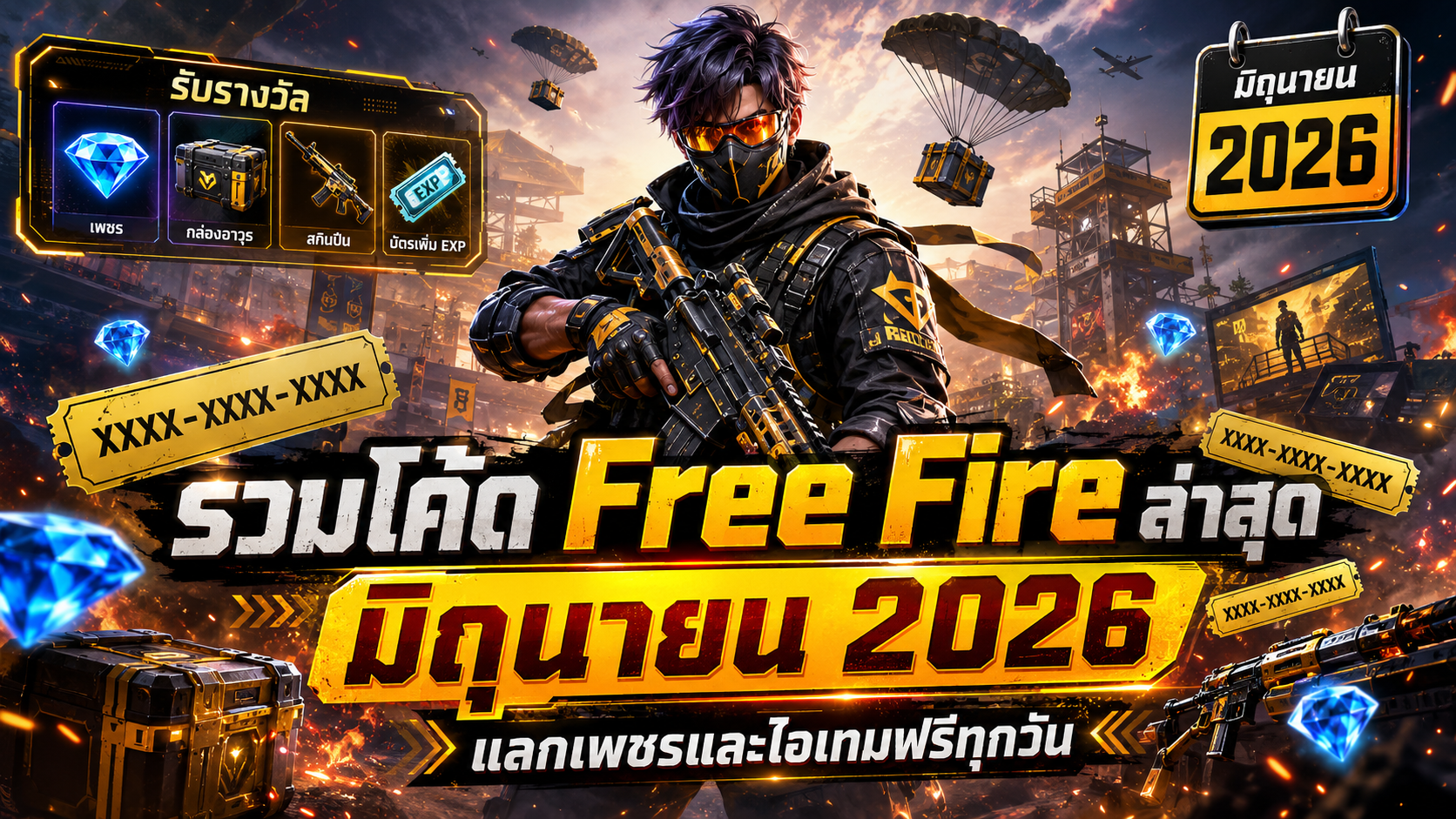รวมโค้ด Free Fire ล่าสุด มิถุนายน 2026 แลกเพชรและไอเทมฟรีทุกวัน